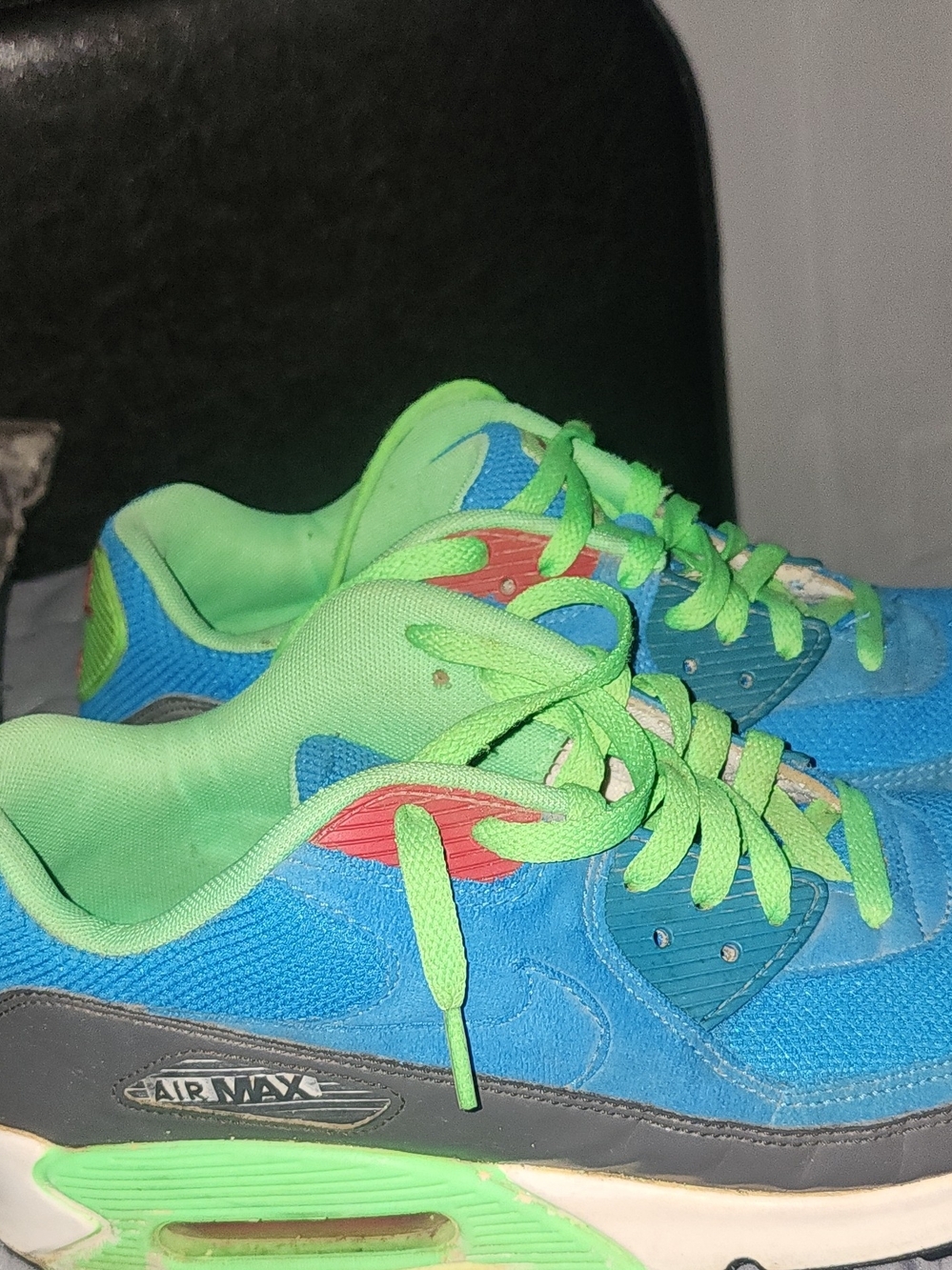 Nike Blue and Neon Green Air Max Sneakers with Red Accent